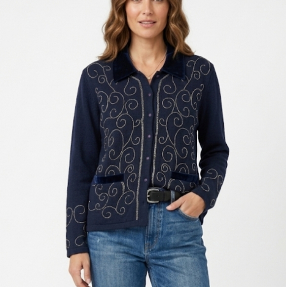 Kathie Lee Collection Sweaters - Embellished Navy Women's Cardigan with Velvet Collar